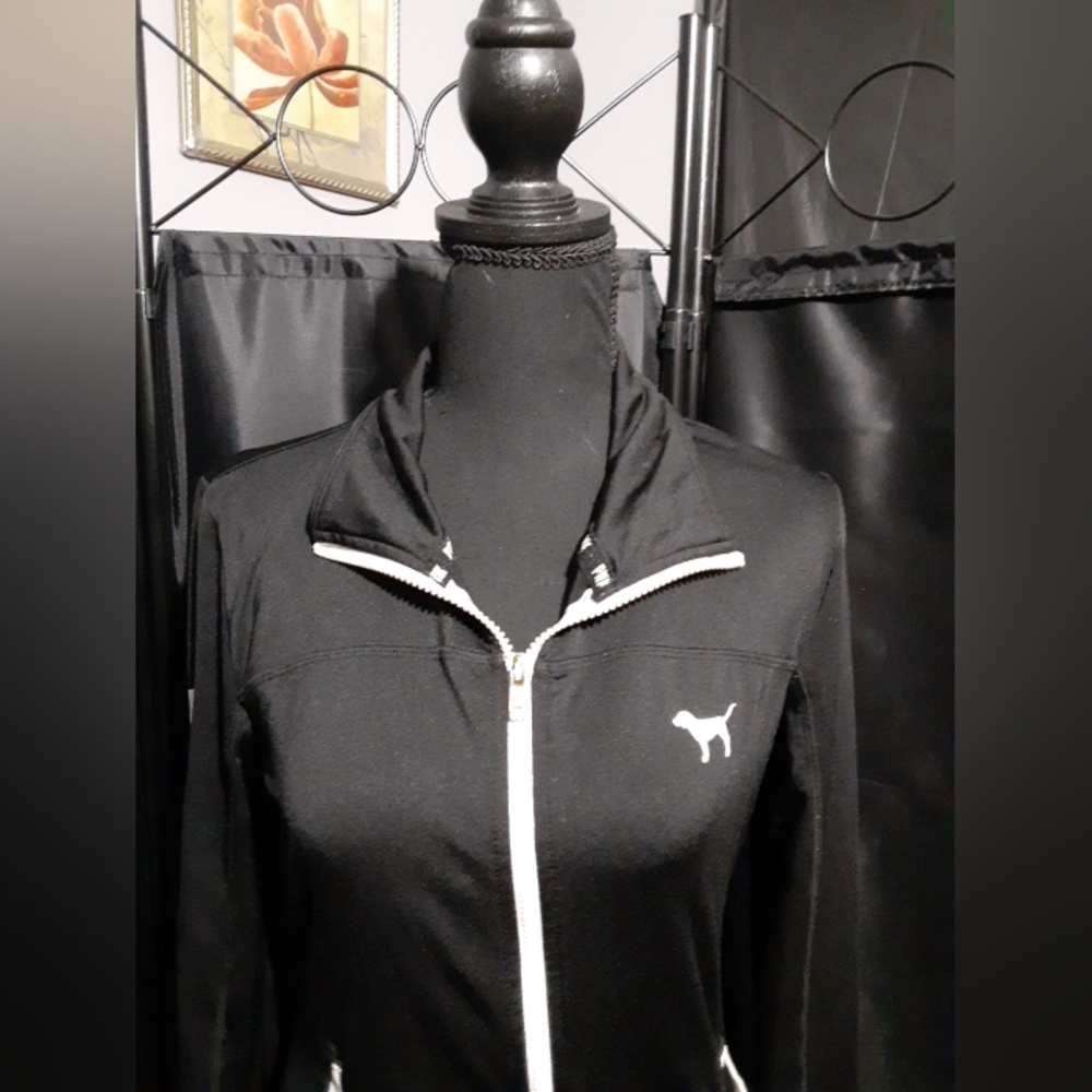 PINK Victoria's Secret Black Jacket with White Trim Zip Up Women's Size XS/TP - Picture 2 of 7